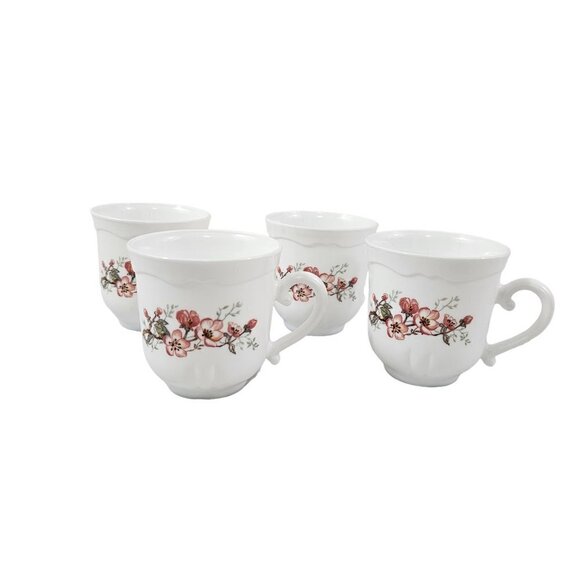 Acropal France White with Floral Accent 6 Oz Coffee Tea Mugs Cups – Set of 4 - Picture 2 of 16